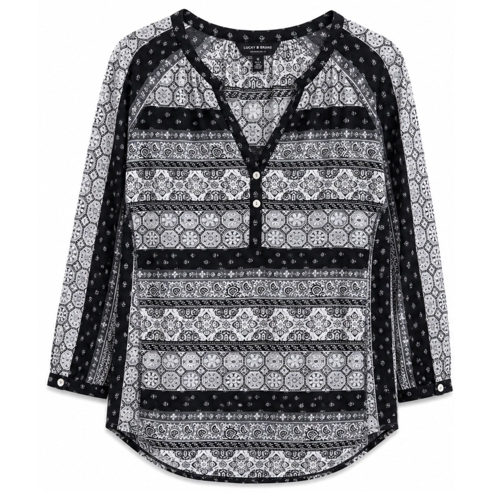 Lucky Brand Black White Geometric Medallion Boho Peasant Top Henley‎ Blouse M
